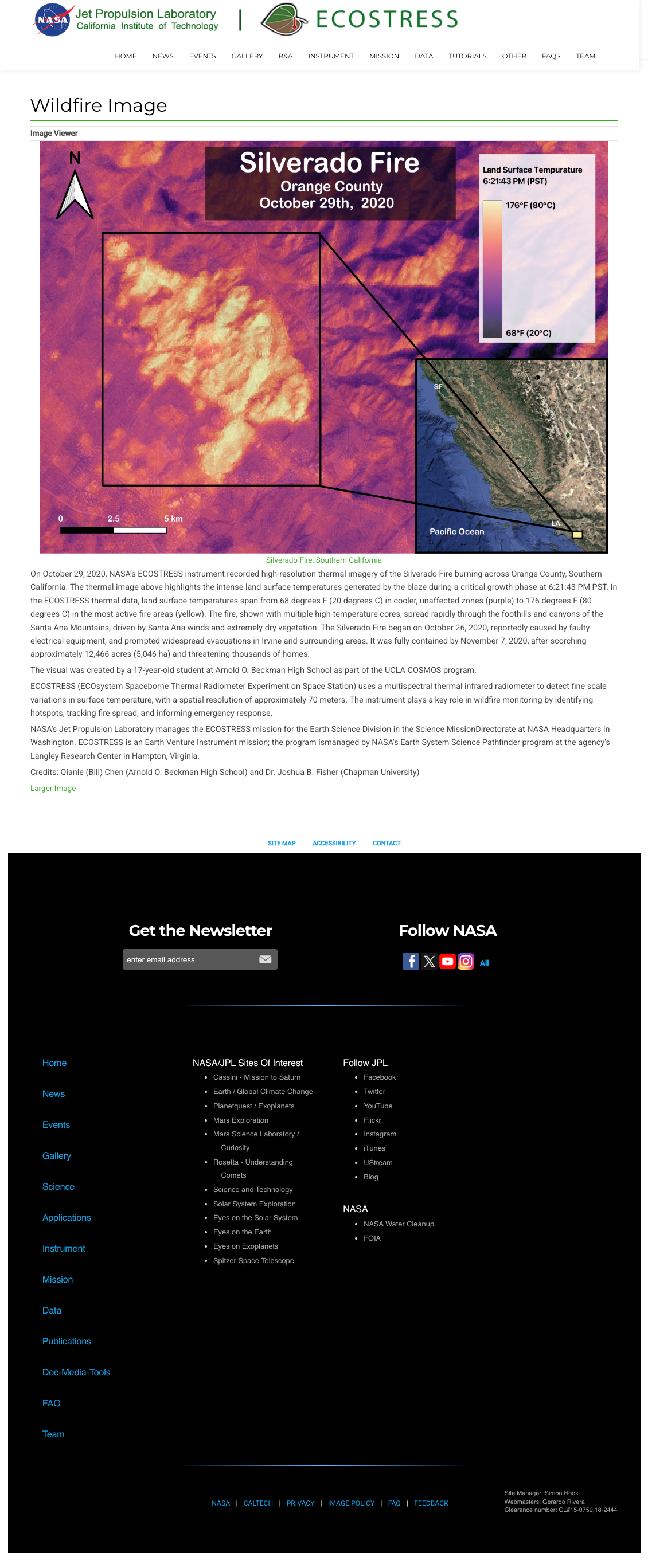 ECOSTRESS Silverado Fire Thermal Map, Orange County, October 29, 2020
